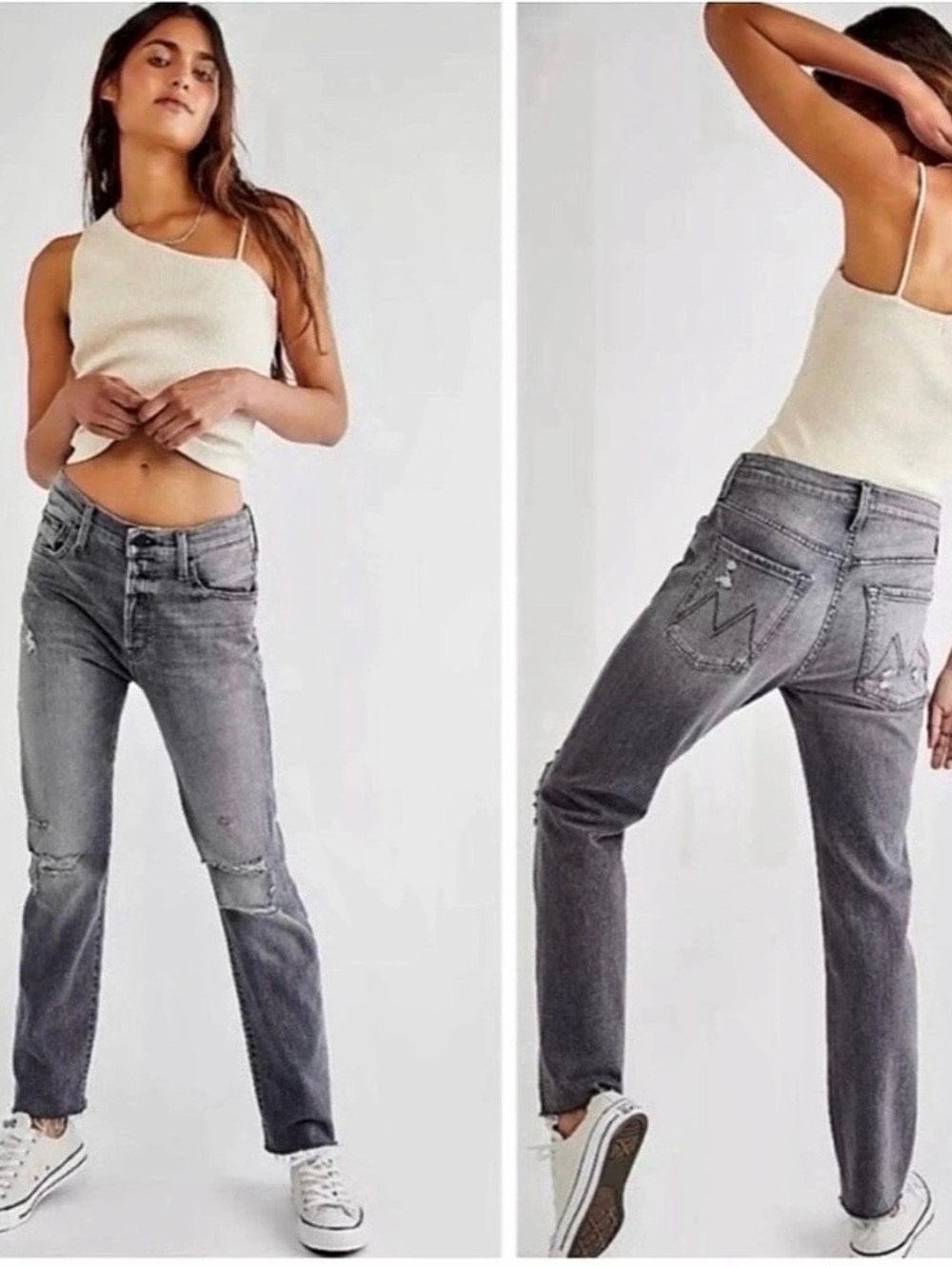 MOTHER The Scrapper Double Cuff Jeans Distressed Straight Leg Jeans Blue Waist